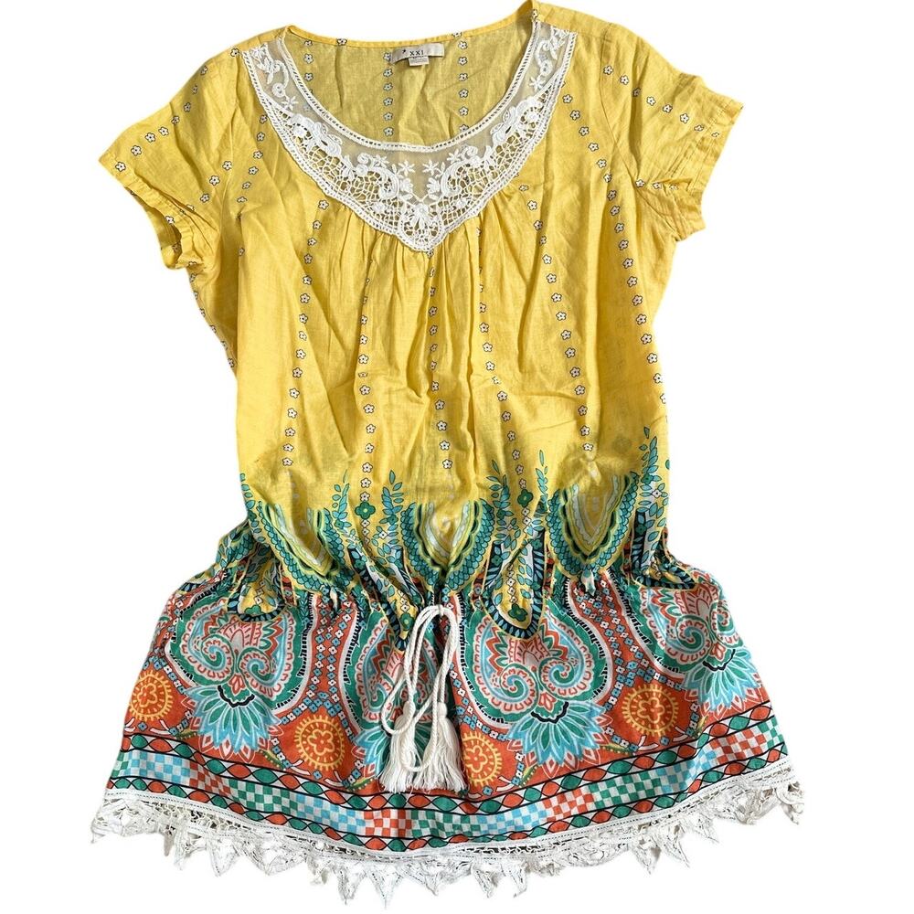 Vintage Y2K Forever 21 Medium Yellow Boho Lace Trim Tunic Mini Dress Festival